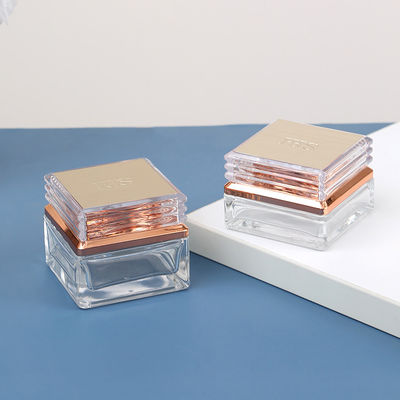 15g 30g 50g Clear Square Glass Cosmetic Jar with Rose Golden Lids Customized Colors and Senior PAK Luxury